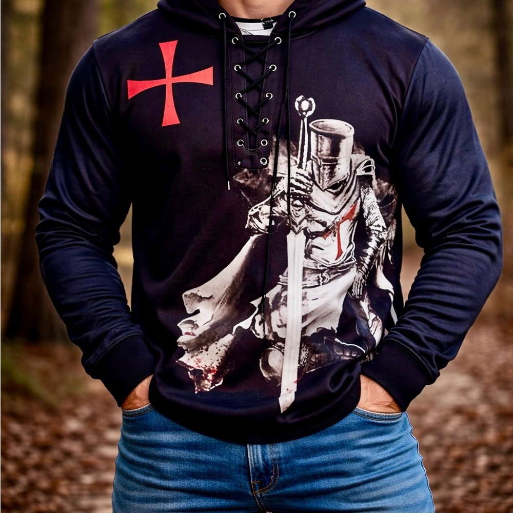 NWT Men's Black Graphic Hooded Lace-Up Shirt with Knight Print